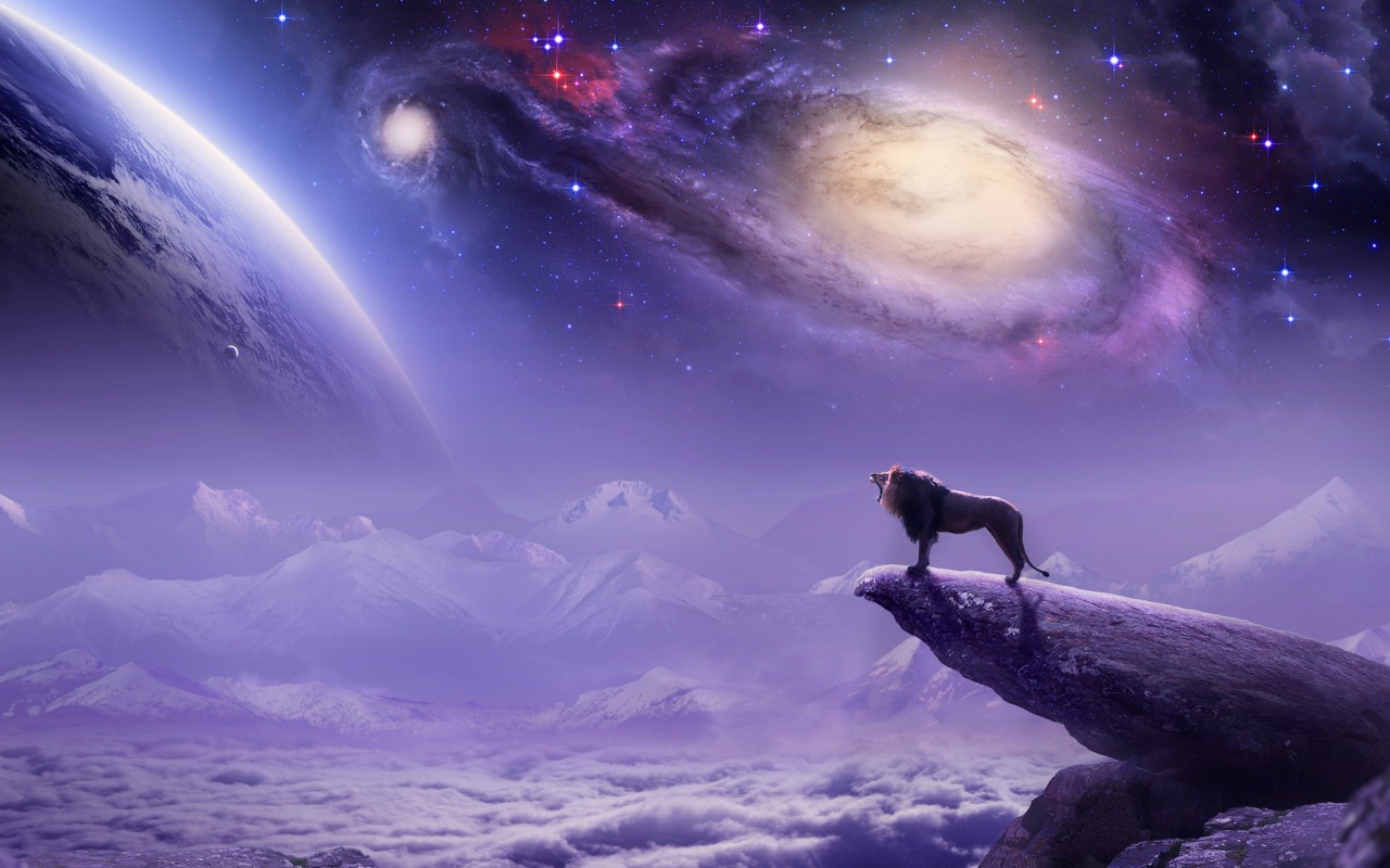 Лев на фоне галактики