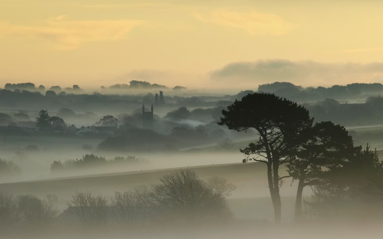 Город, покрытый густым туманом