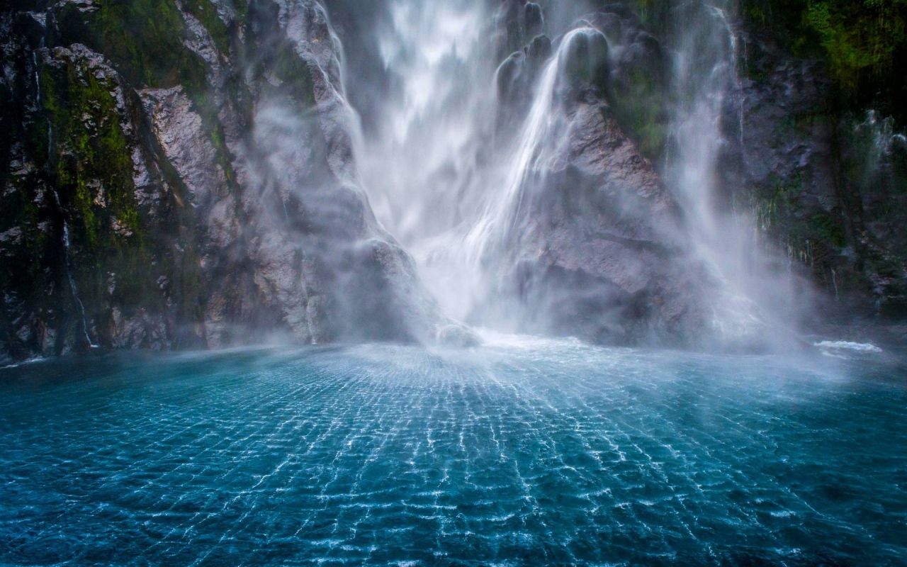 Gorgeous waterfall in Milford Sound, New Zealand