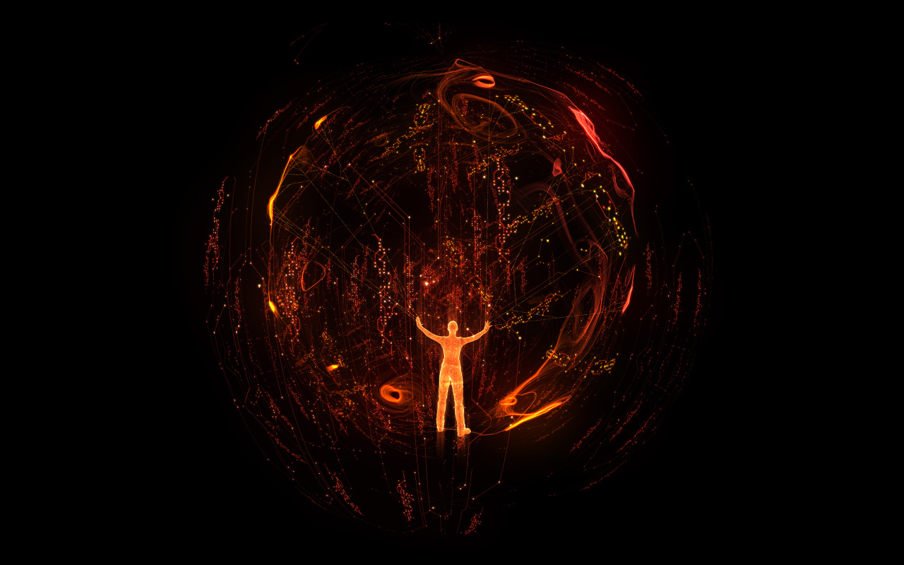 Огненный человек в сфере на черном фоне