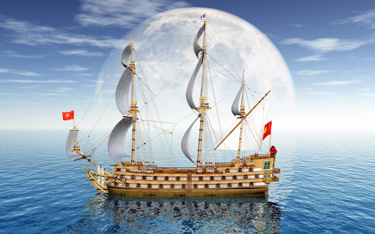 Большое парусное судно на фоне луны в море 3д графика