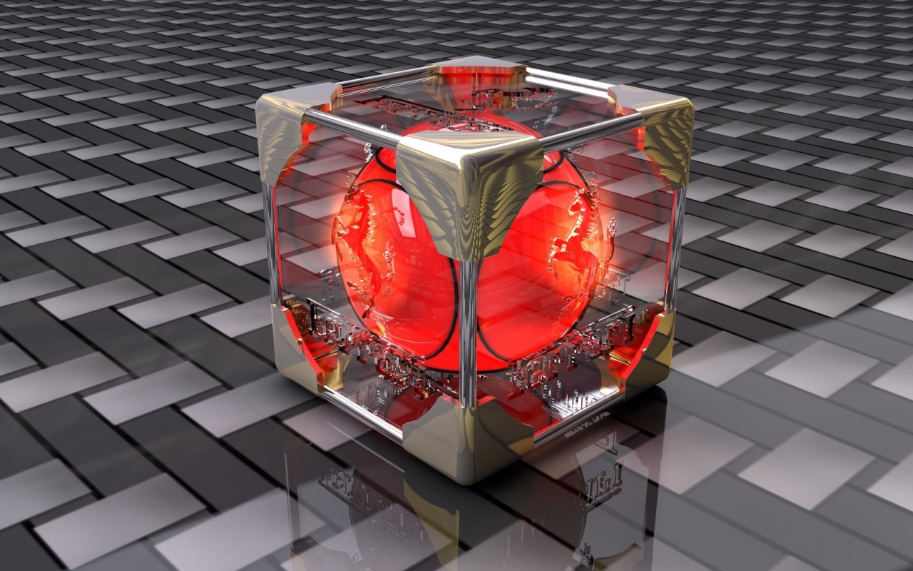 Красный шар в стеклянном кубе 3D графика 