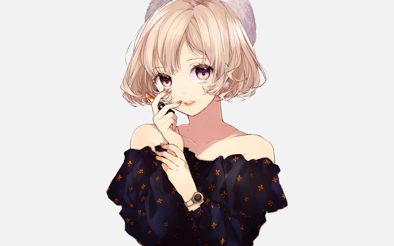 Девушка аниме блондинка с помадой в руках на белом фоне