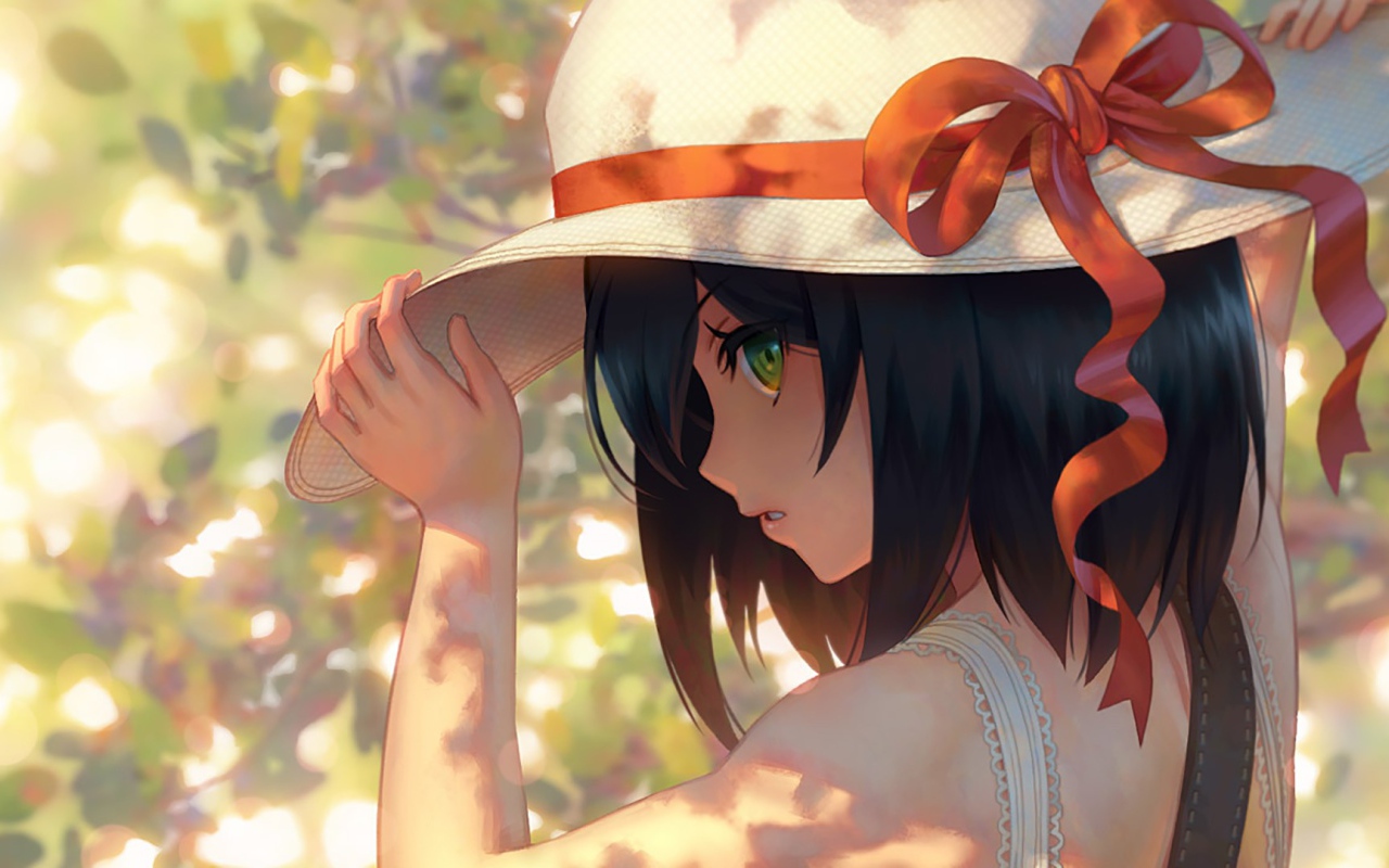 Аниме девушка в шляпе с красным бантом 