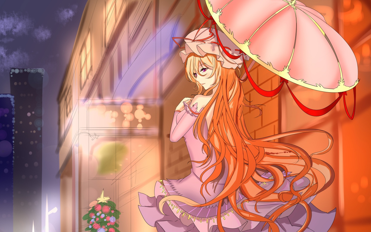 Девушка с рыжими волосами под розовым зонтом аниме 