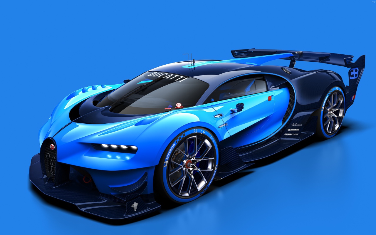 Синий спортивный автомобиль  Bugatti Vision Gran Turismo на синем фоне