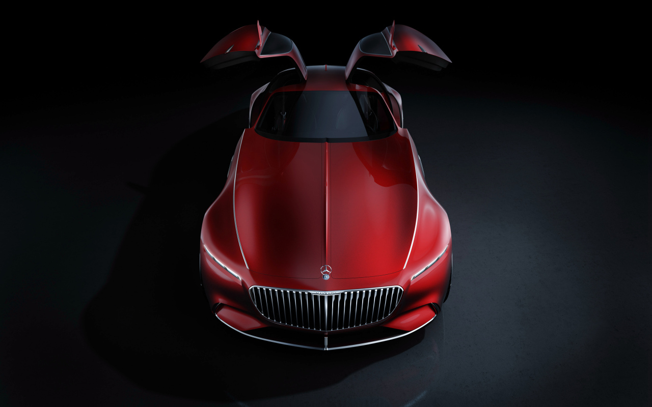Красный автомобиль  Vision Mercedes-Maybach 6 с открытыми дверями 
