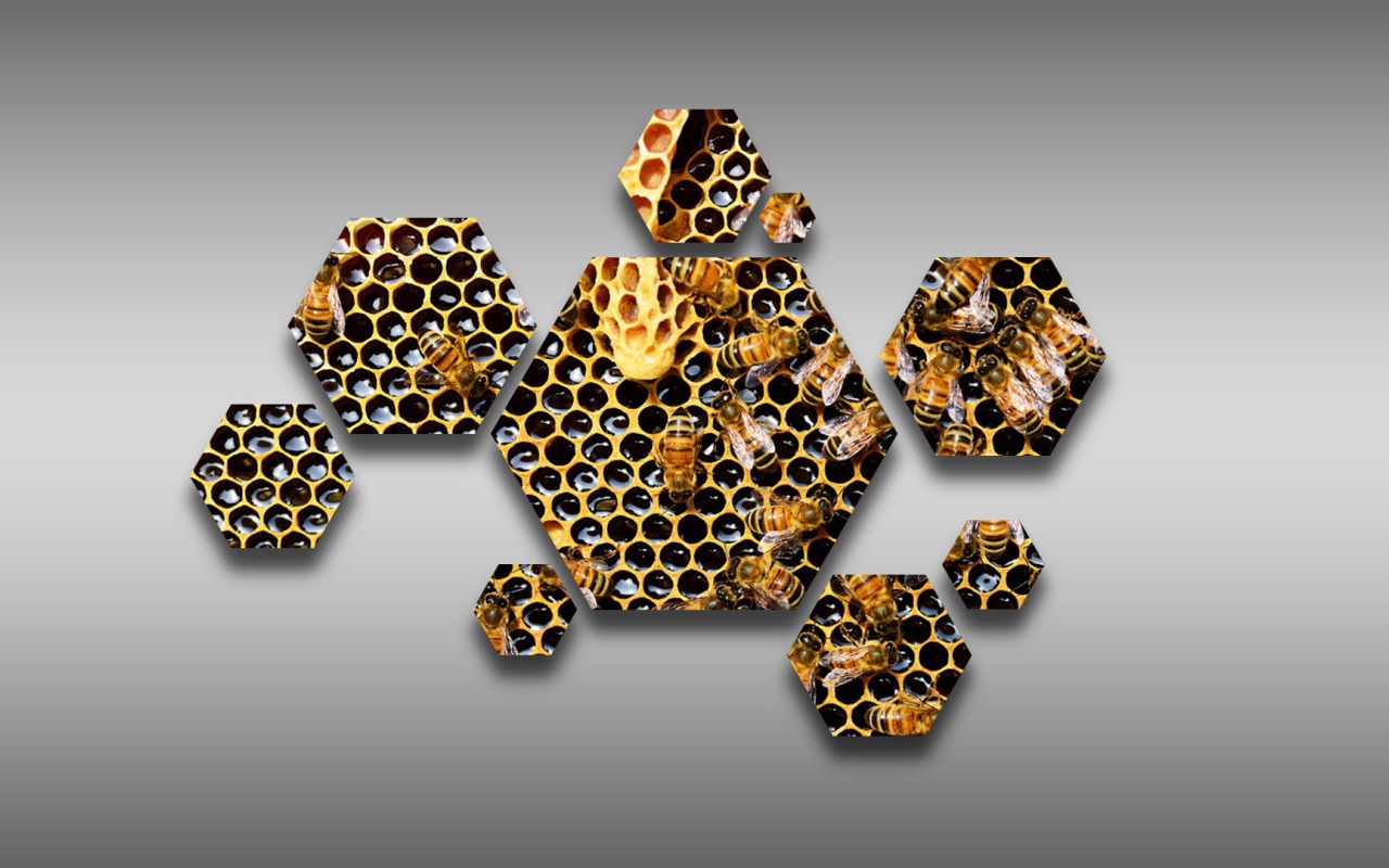 Шестиугольные соты с пчелами на сером фоне  
