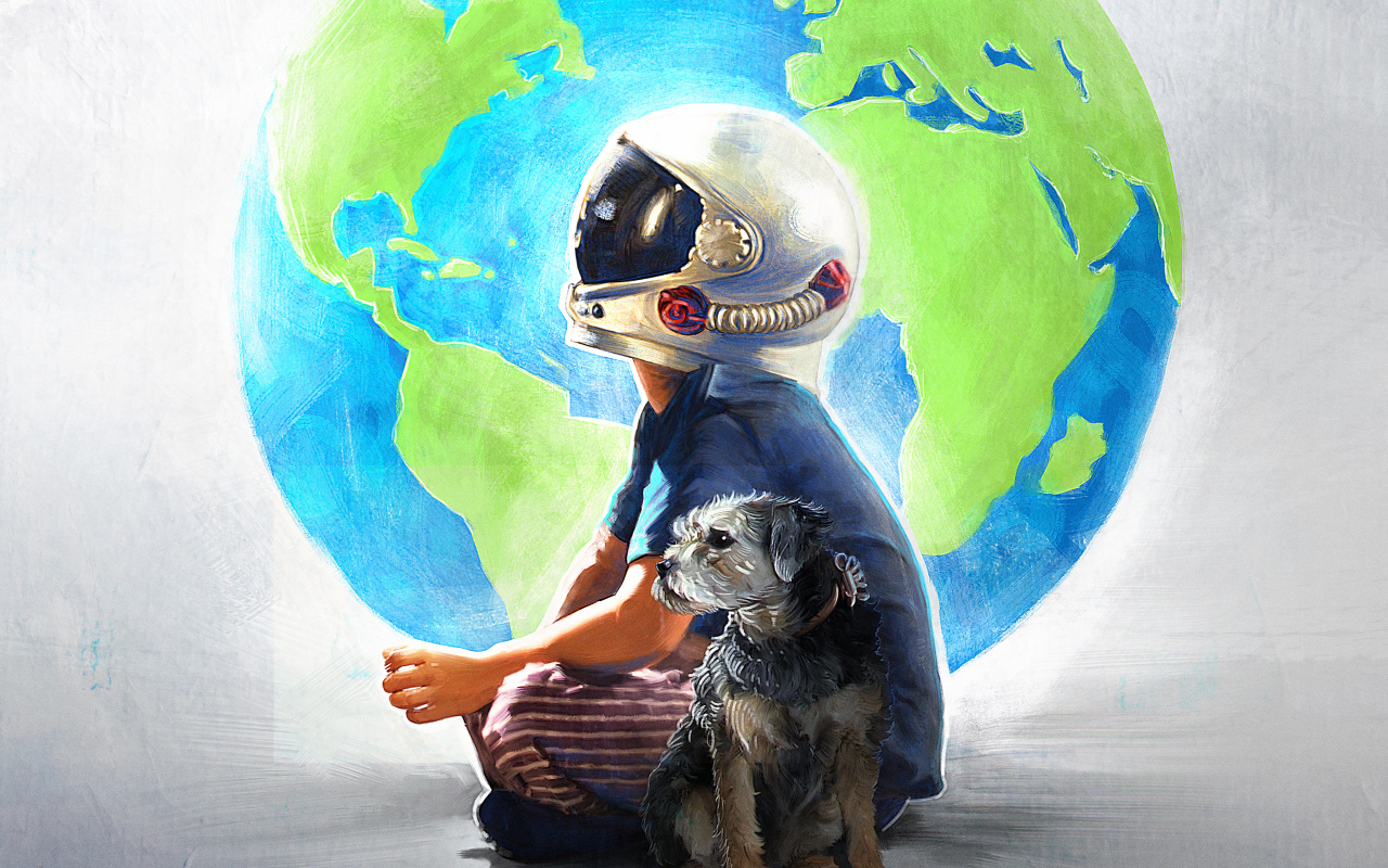Нарисованный мальчик в шлеме космонавта с собакой