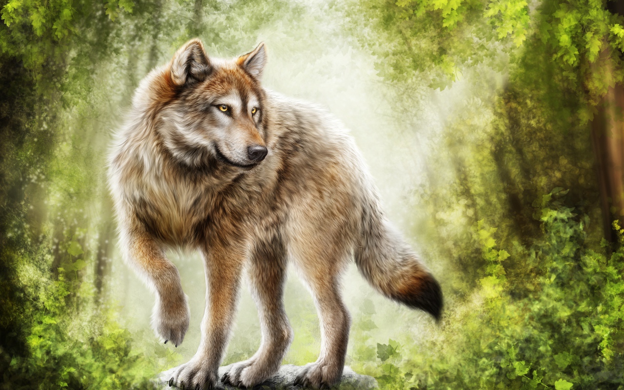 Нарисованный большой волк стоит в лесу