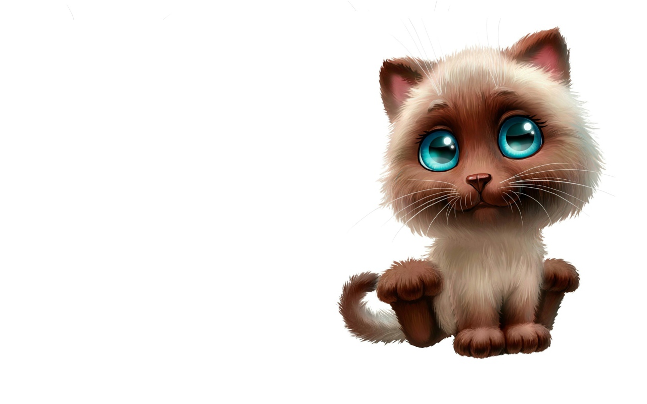 Нарисованный милый котенок с большими глазами на белом фоне