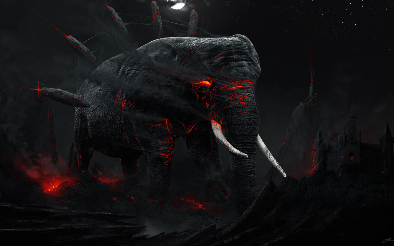 Большой черный слон с магмой внутри в разрушенном городе