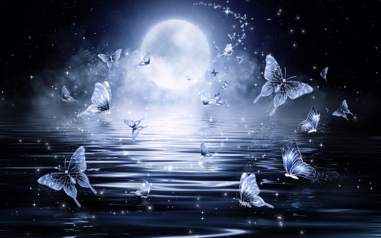 Фантастические неоновые голубые бабочки на фоне луны