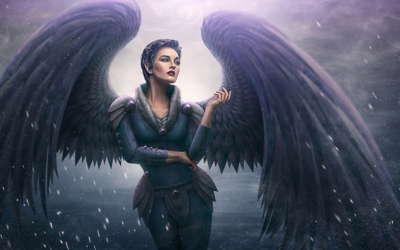 Фэтнези девушка ангел с большими черными крыльями