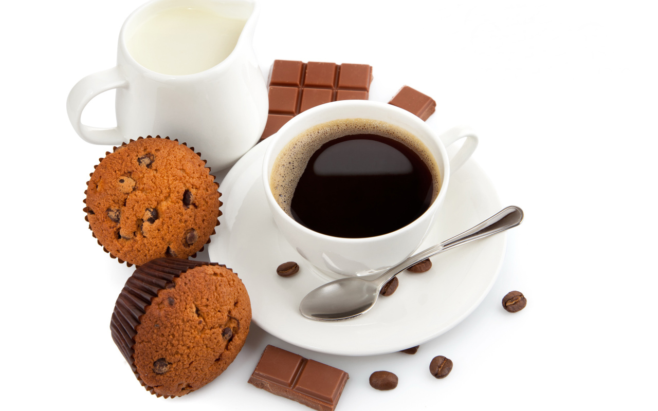 Coffee with milk, chocolate and muffins for breakfast