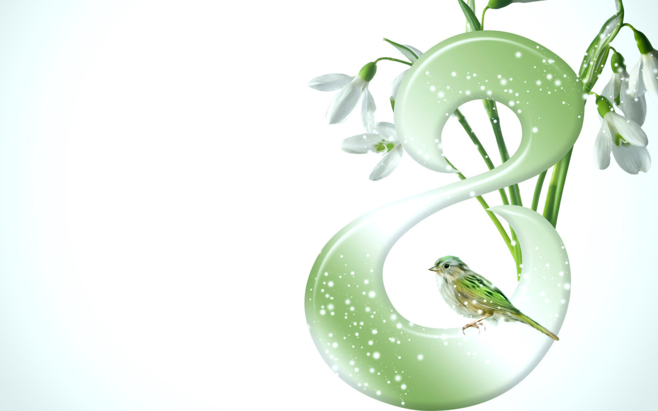 Подснежники и птичка на 8 марта