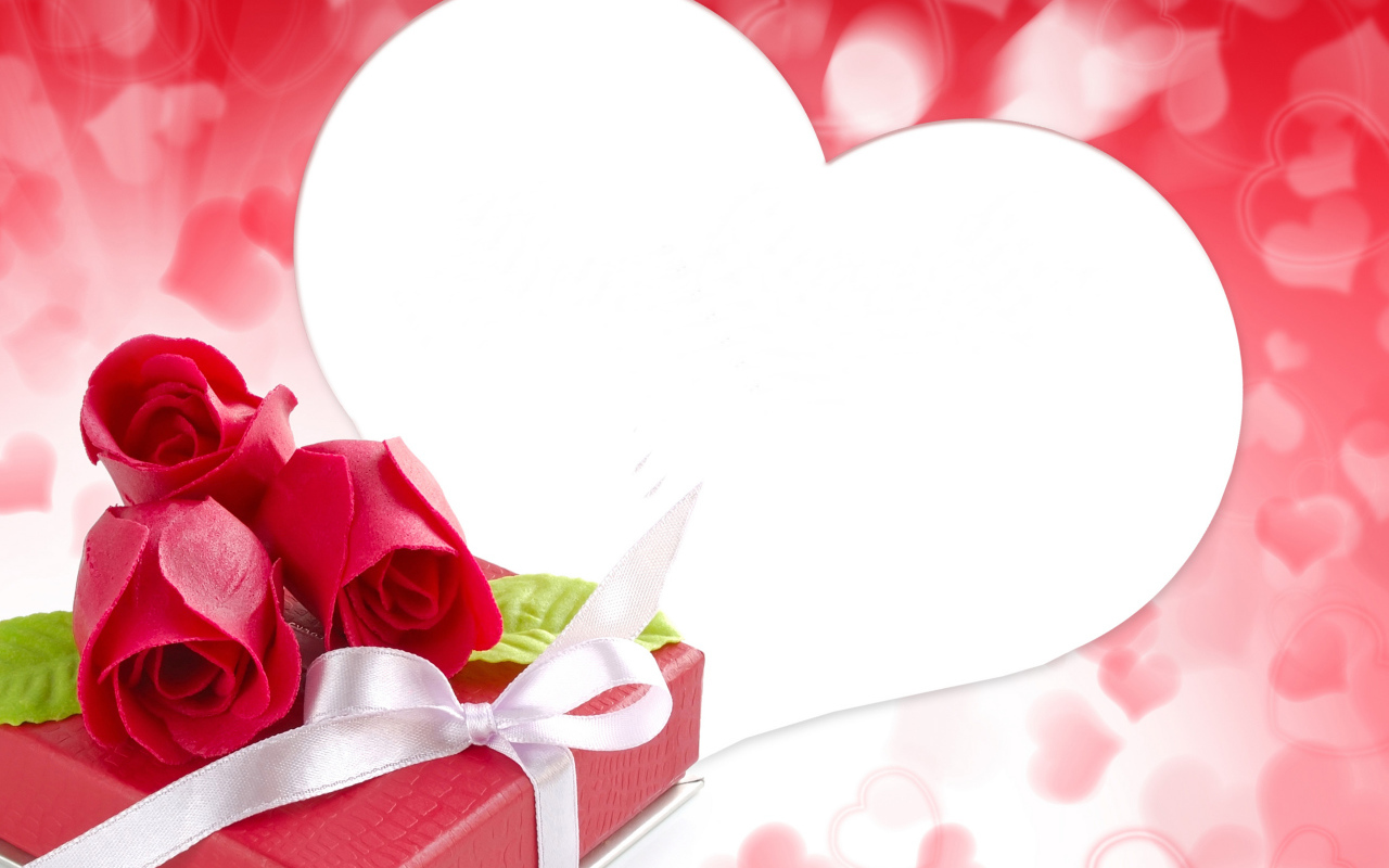 Большое белое сердце с розами и подарком, Шаблон поздравительной открытки на День Святого Валентина