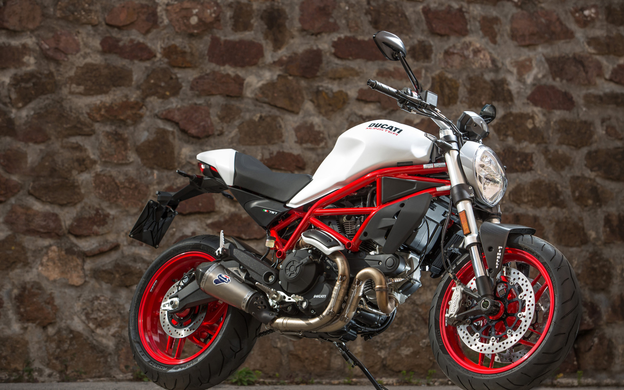 Motorcycle Ducati Monster 797, 2017 near the stone wall