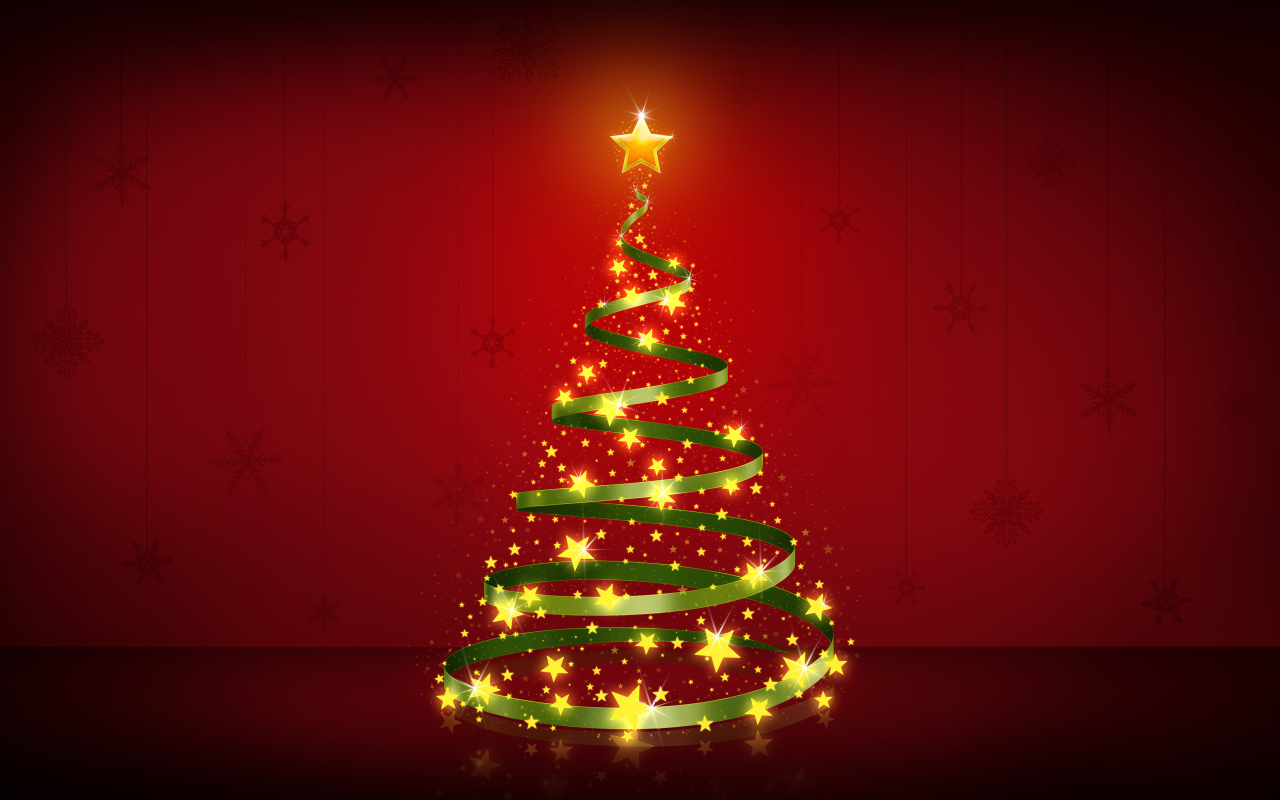 Новогодняя елка из зеленой ленты с яркой звездой на красном фоне