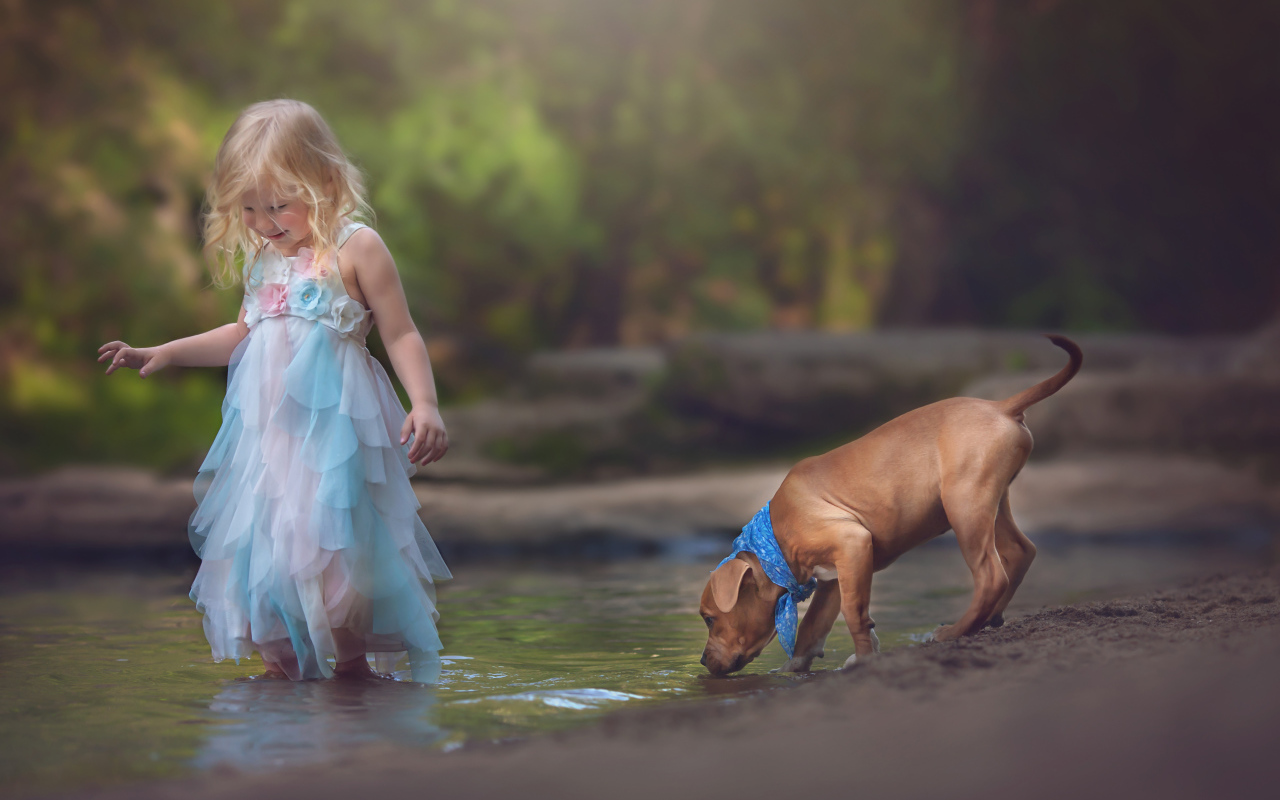Маленькая девочка в красивом платье со щенком у ручья