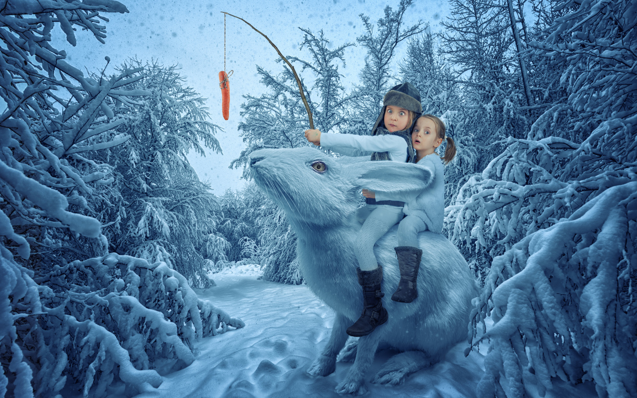 Two funny girls are sitting on a big magic rabbit in a winter forest
