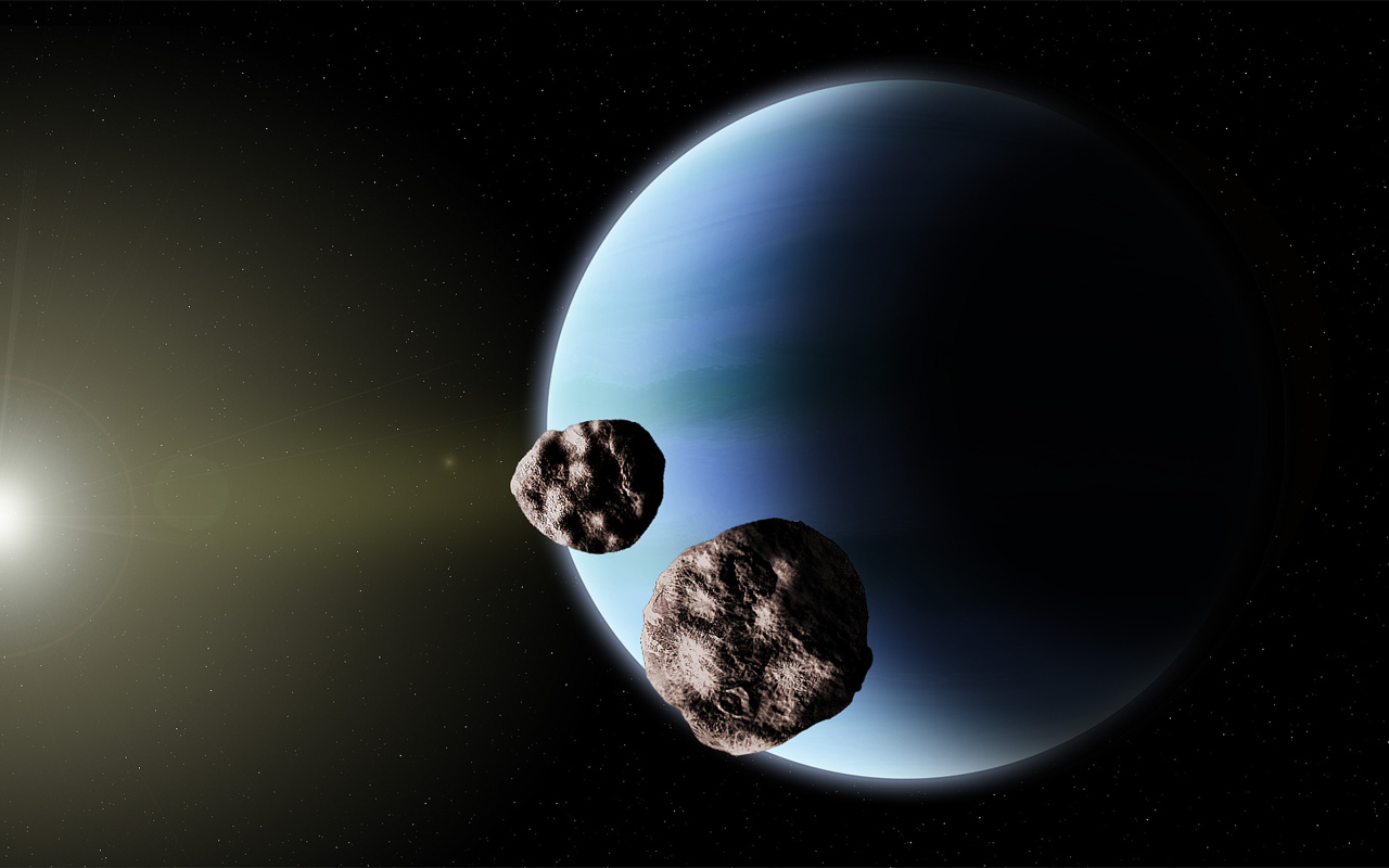 Полет астероидов рядом с планетой Нептун 