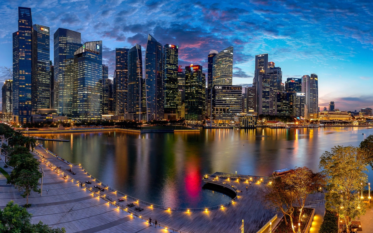 Небоскребы и гавань ночного Сингапура, Азия 