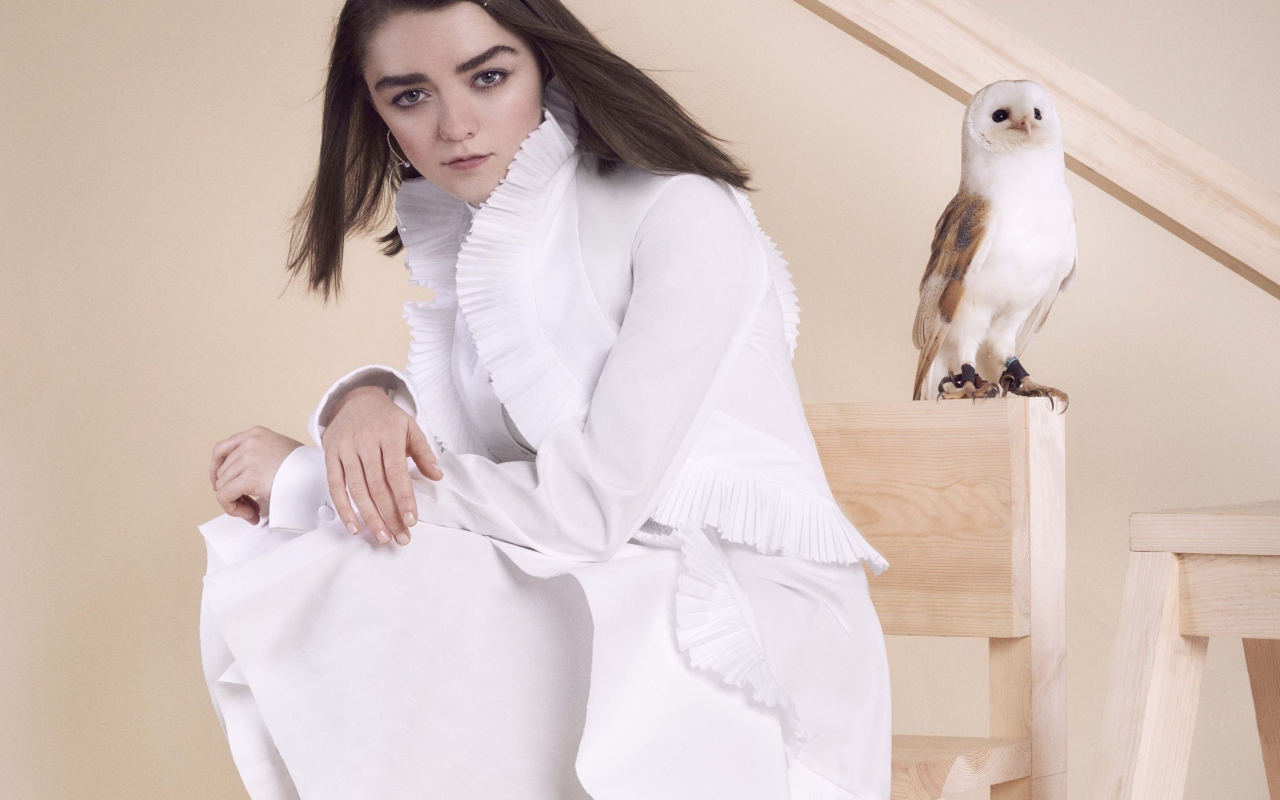 Актриса Мэйси Уильямс в белом платье с совой