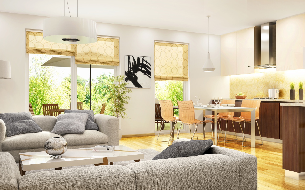 Столовая комната с диванами и большим телевизором