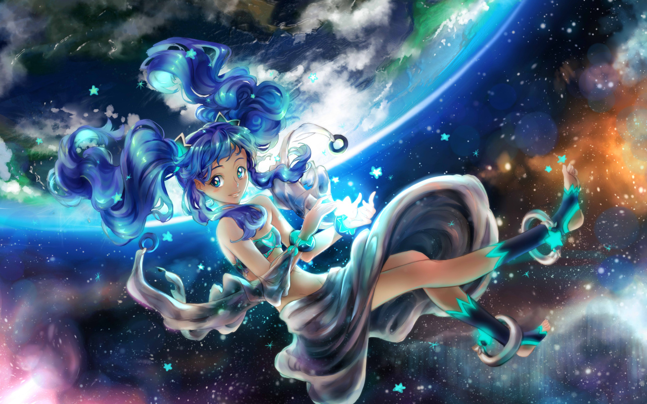 Девушка аниме с синими волосами парит в воздухе