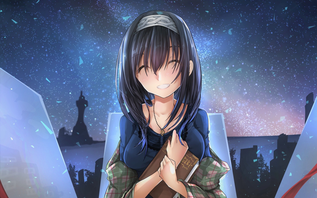 Улыбающаяся девушка аниме с книгой в руках