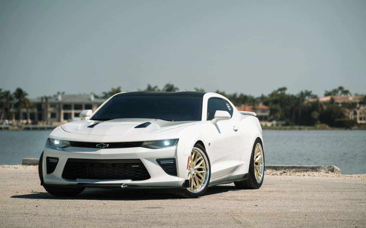 Белый автомобиль  Chevrolet Camaro у воды