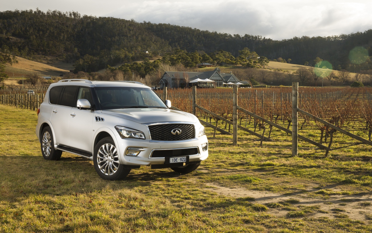 Серебристый автомобиль Infiniti QX80 на ферме