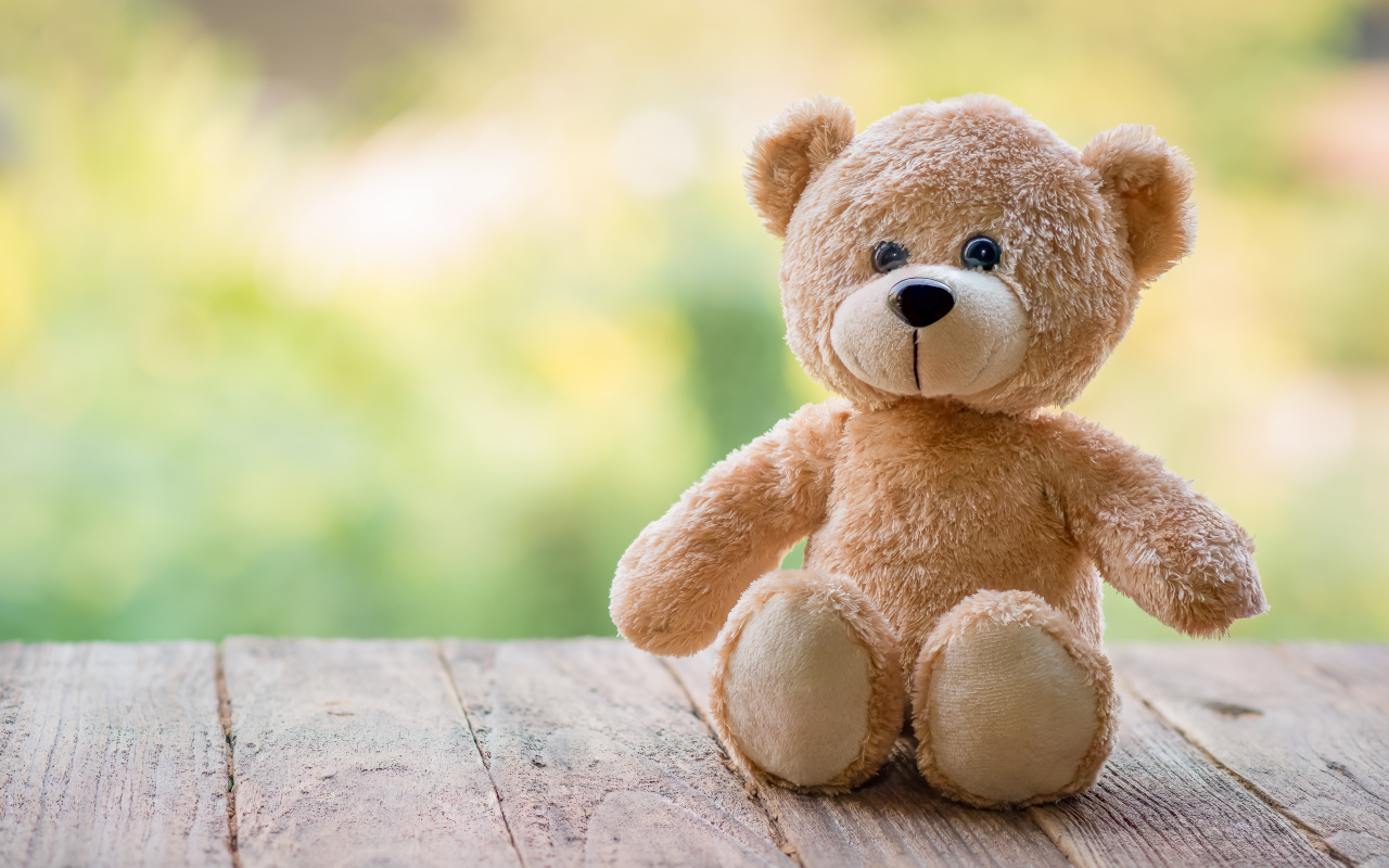 Плюшевый медведь сидит на деревянных досках