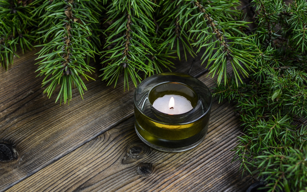 Зажженная свеча на столе с зеленой веткой ели