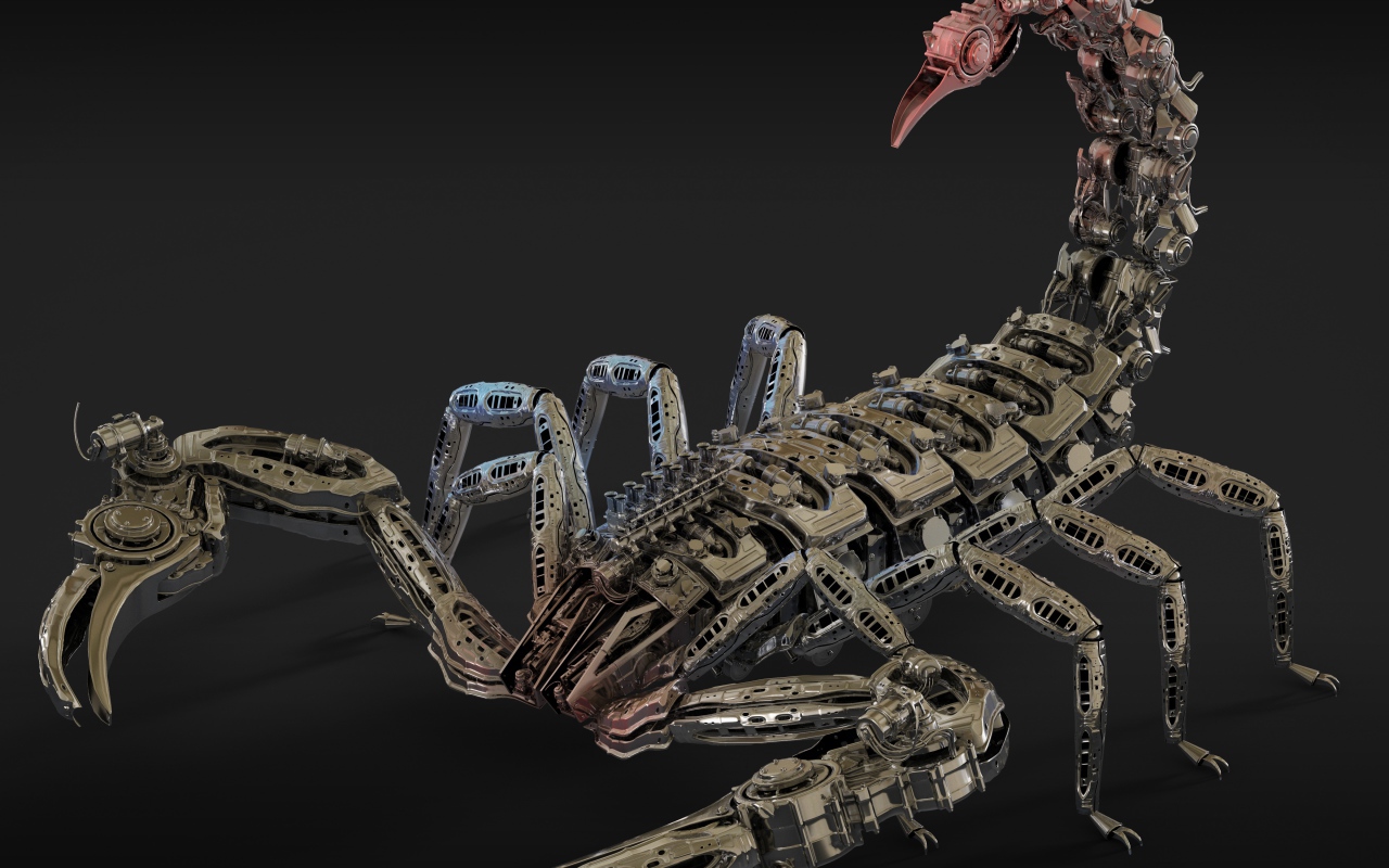 Металлический робот скорпион на сером фоне