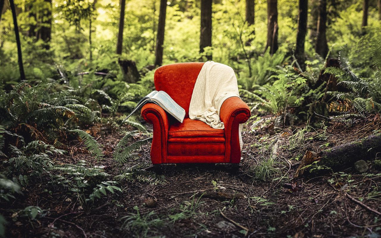 Старое красное кресло с книгой и пледом в лесу 