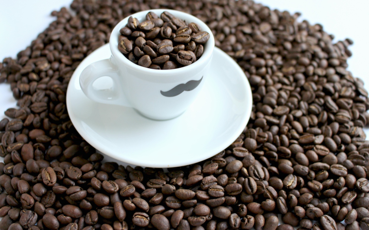 Белая чашка с жареными кофейными зернами стоит на столе с кофейными зернами