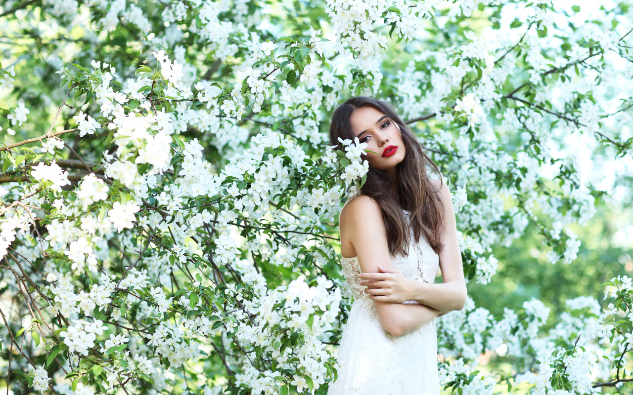 Красивая шатенка в цветущих ветках яблони