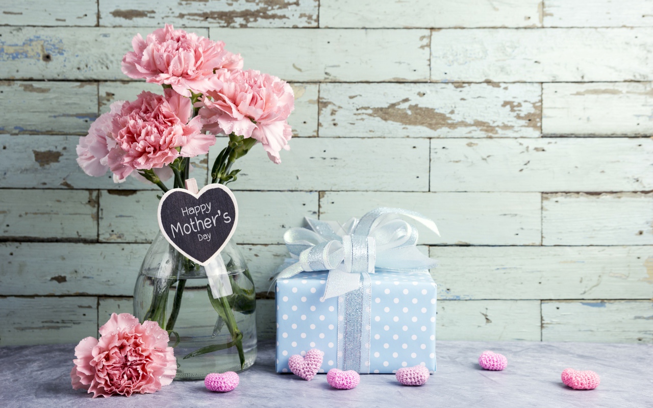 Букет розовых гвоздик и подарок на День матери 