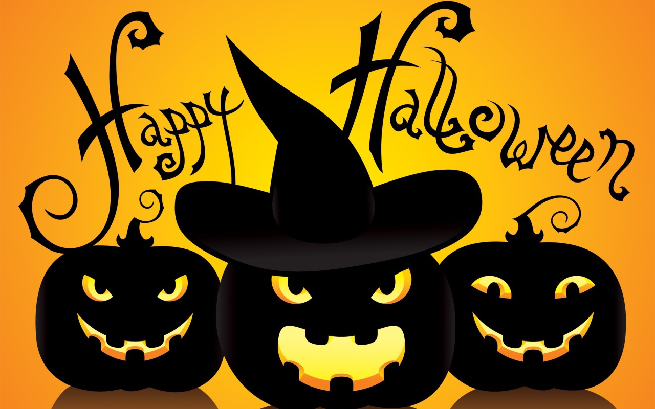 Черные тыквы в шляпах на желтом фоне к празднику Хэллоуин