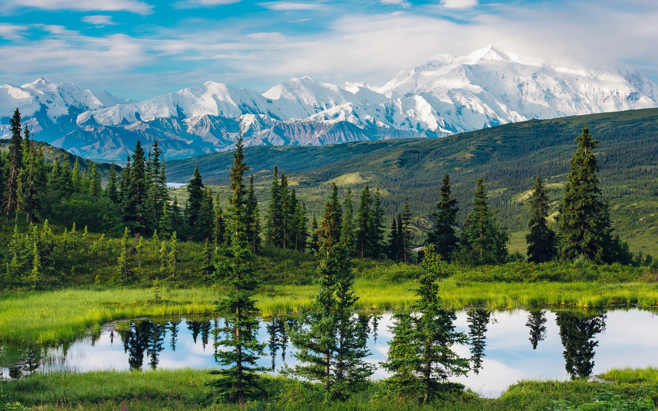 Красивый вид на горы, лес и озеро, Аляска