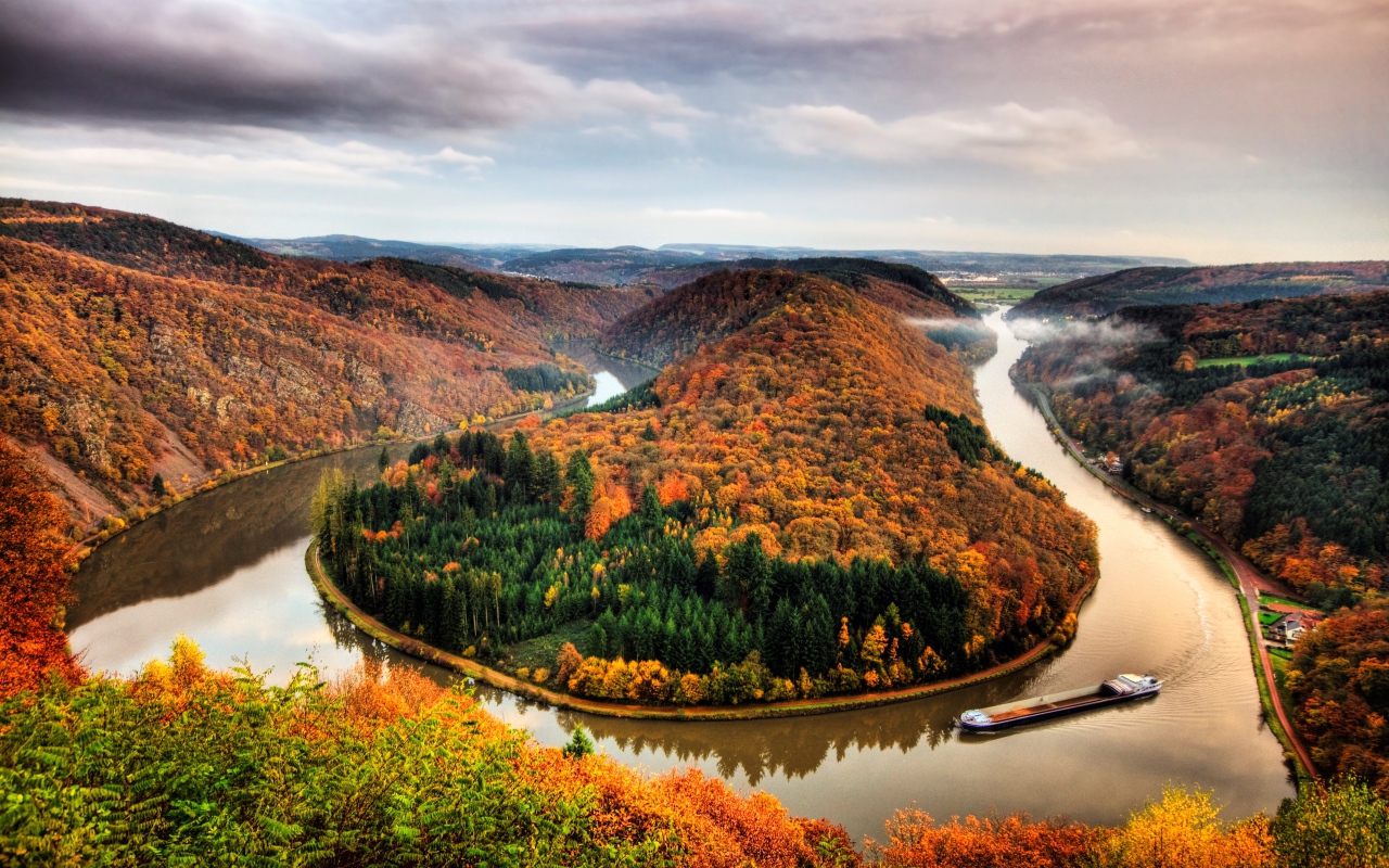Река рядом с осенним лесом на фоне пасмурного неба