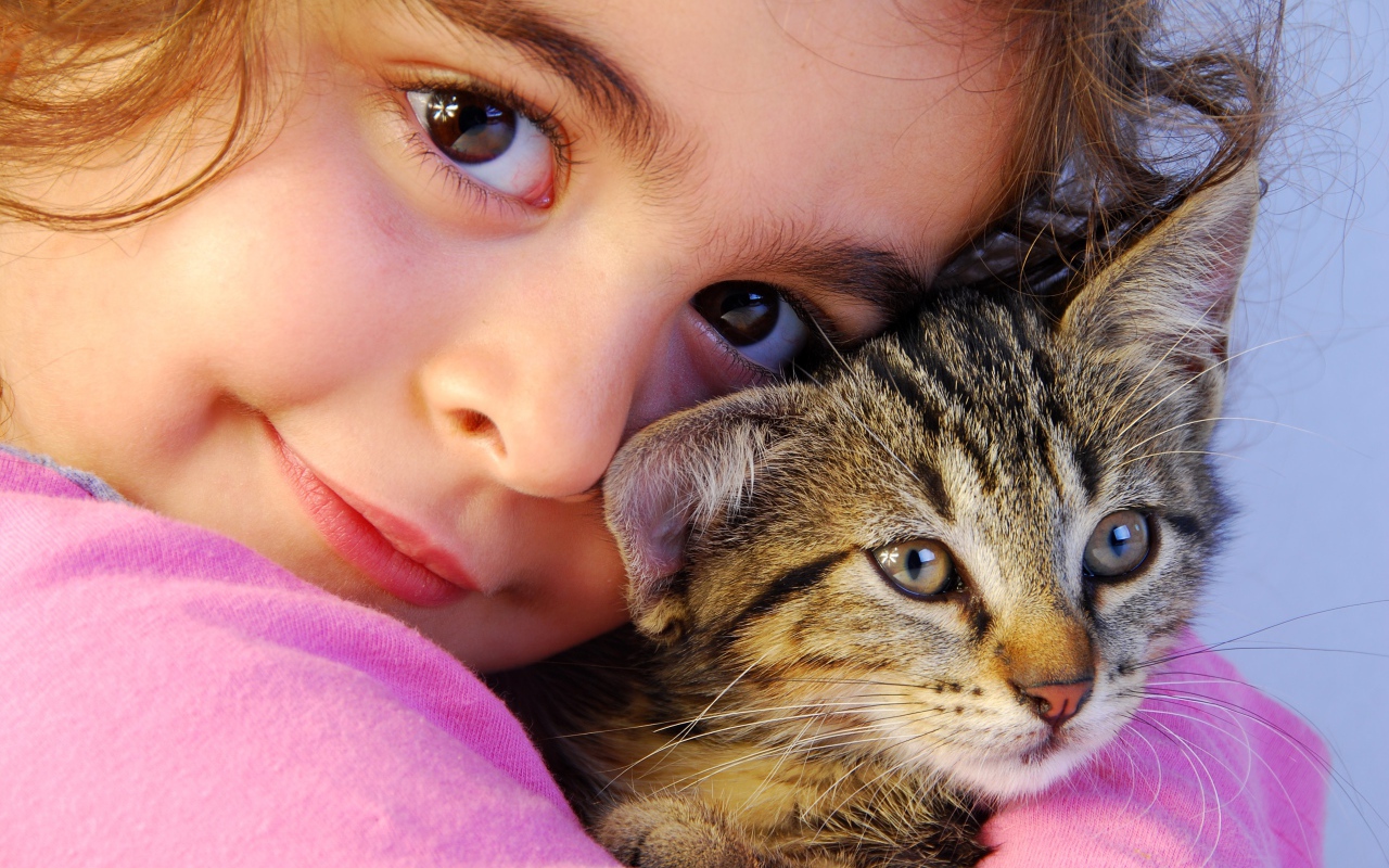 Маленькая кареглазая девочка с серым котом