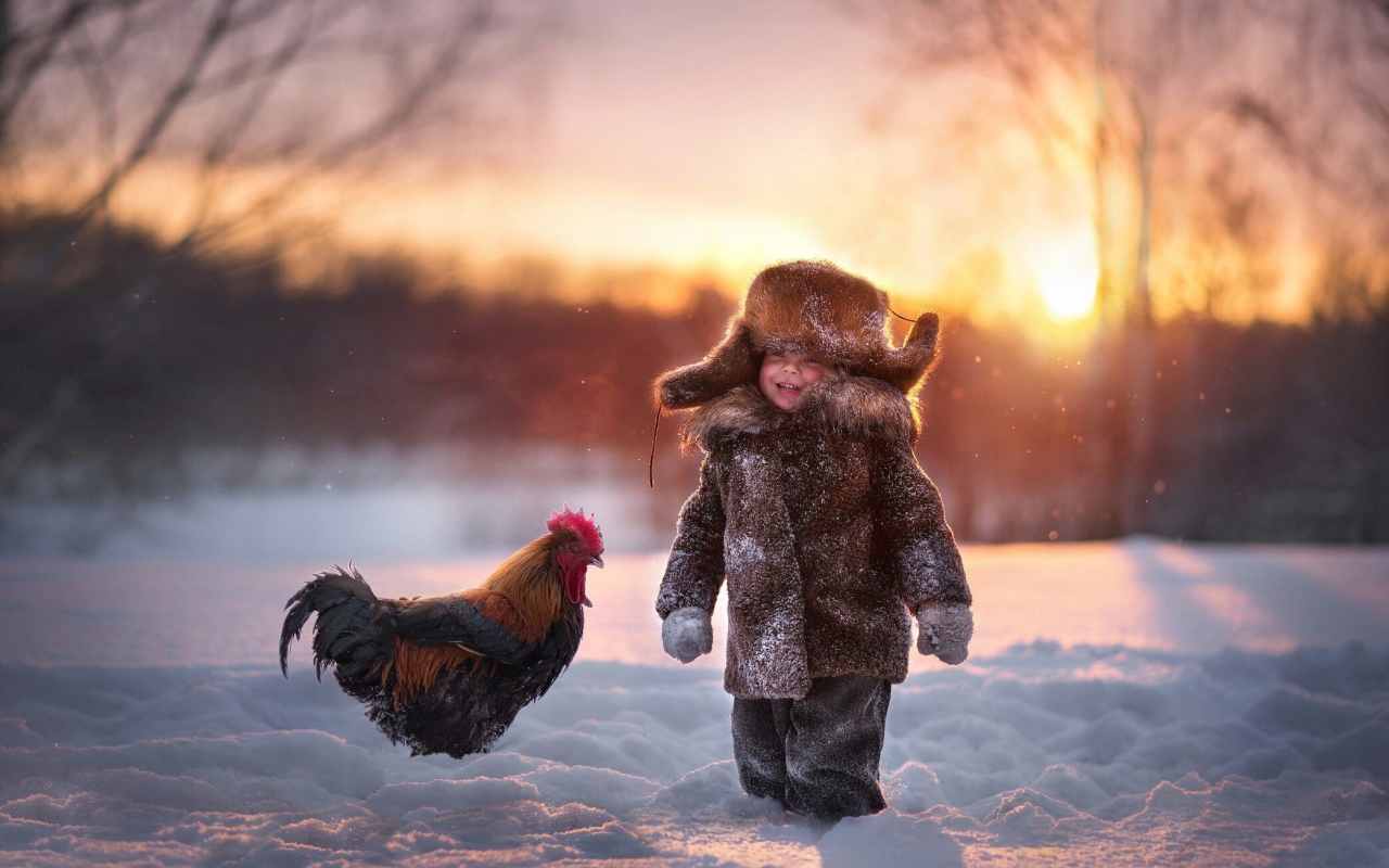 Маленький мальчик с петухом на снегу зимой