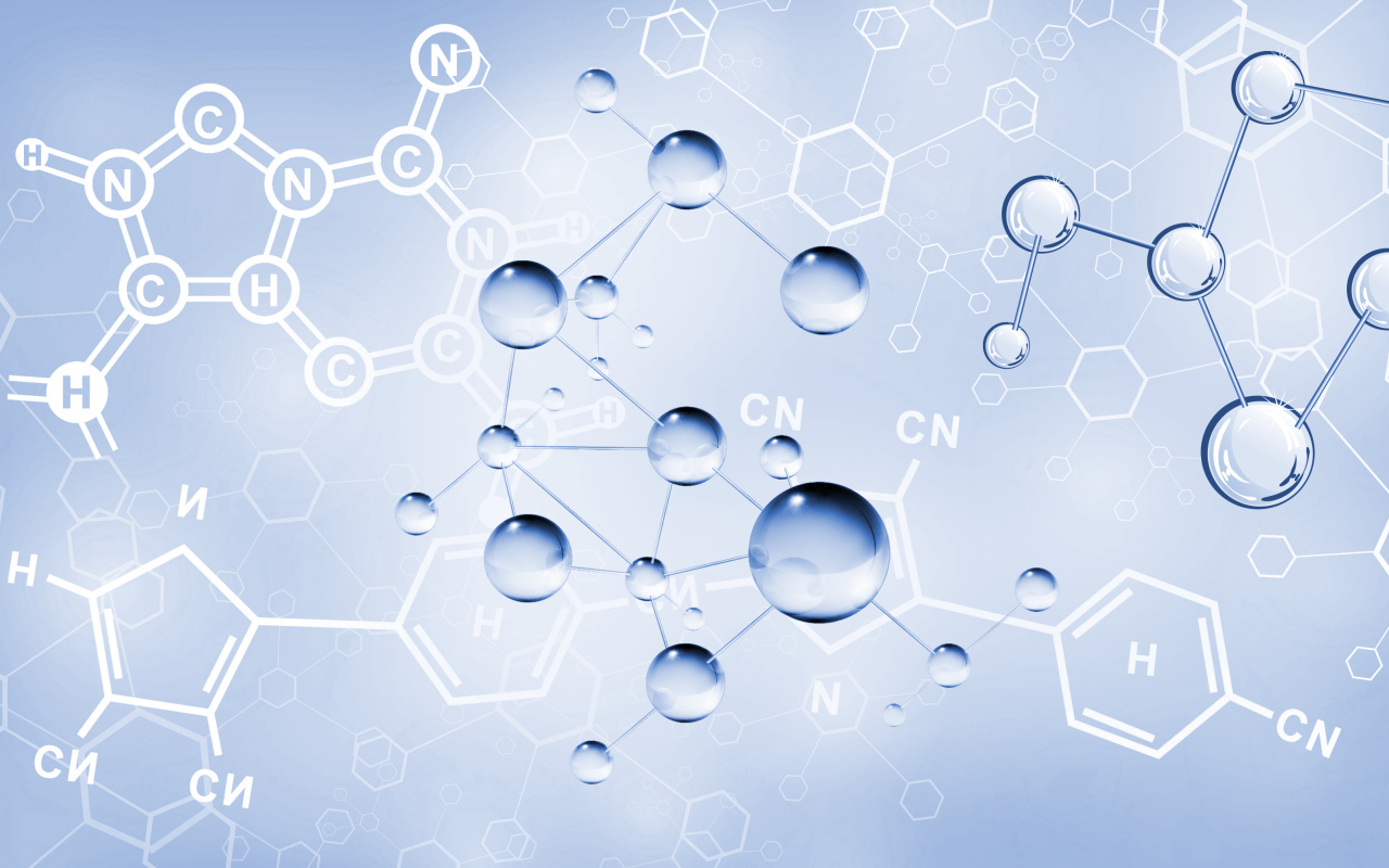 Химические соединения на голубом фоне, 3д графика