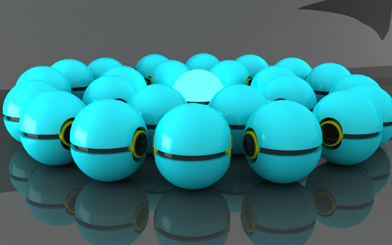 Много голубых шаров отражаются в сером поверхности 