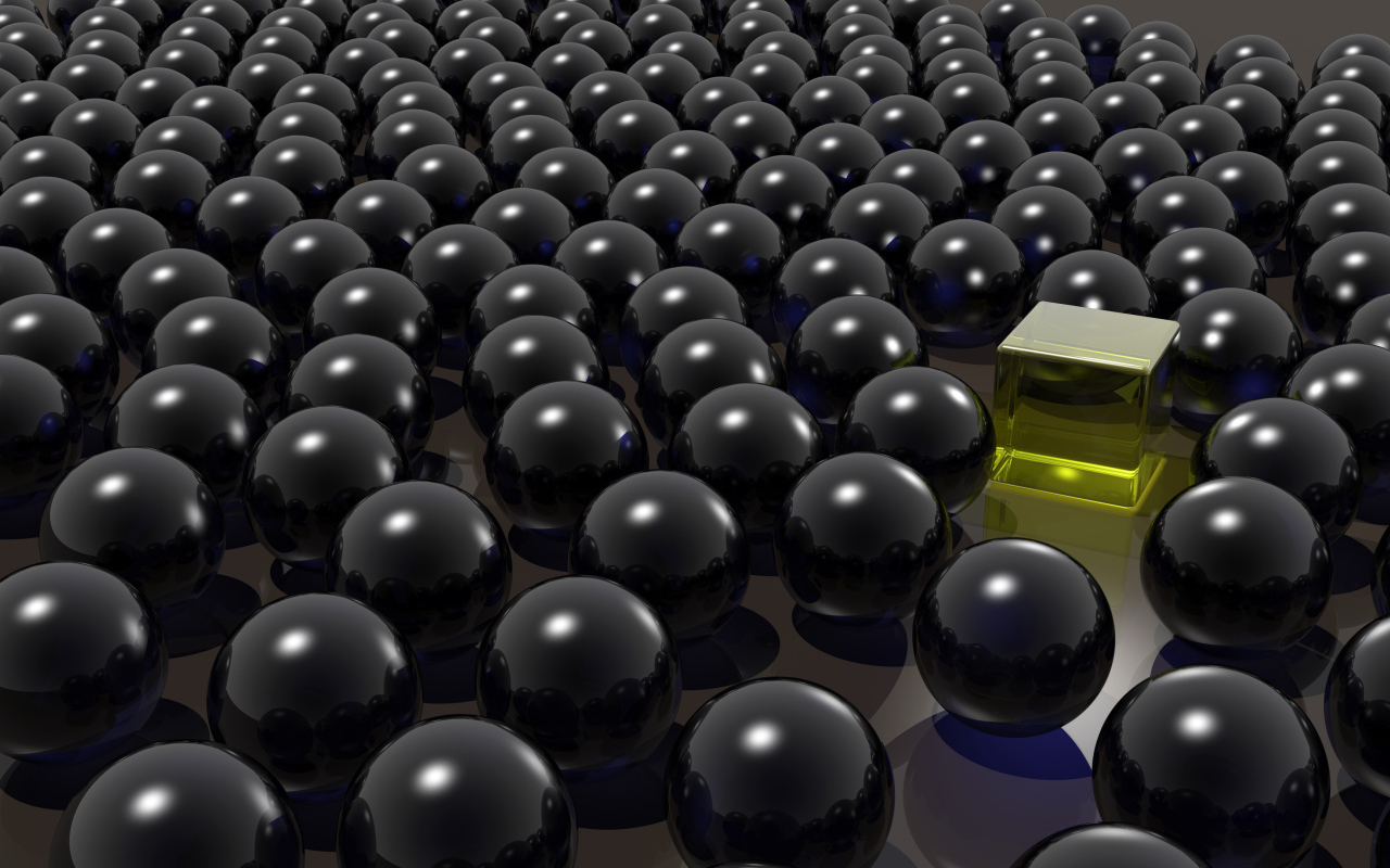 Желтый куб среди черных шаров 3д графика
