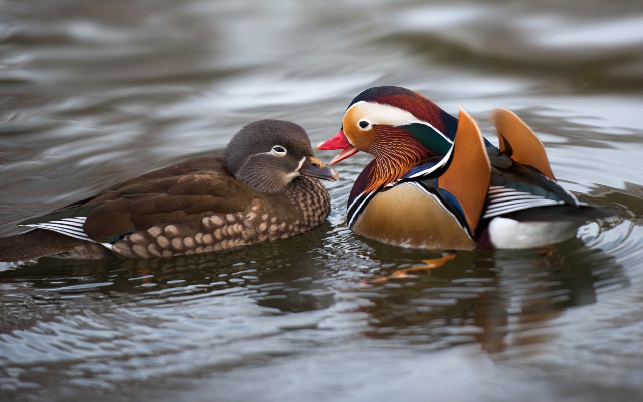 Две уточки мандаринки в воде 
