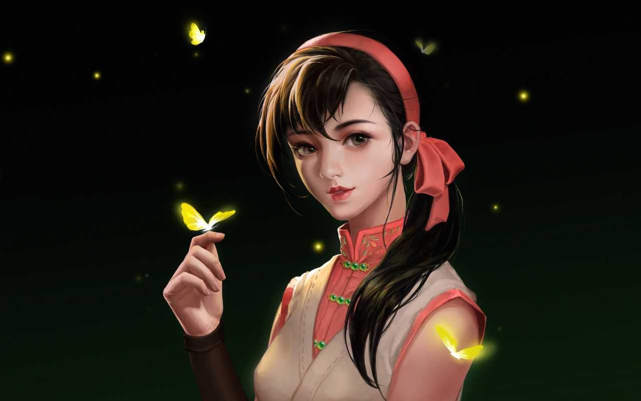 Девушка аниме с бабочкой на пальце